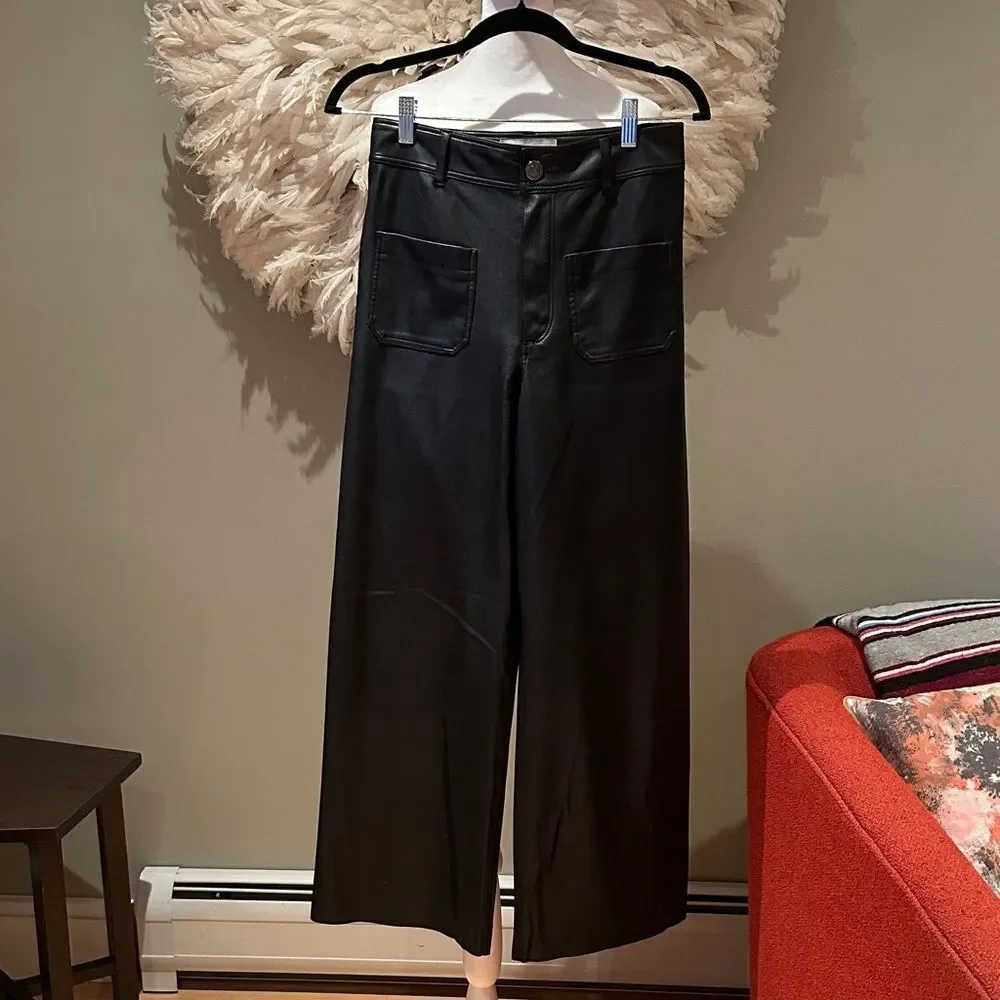 Zara Black faux leather Wide-Leg Pants with Front Pockets